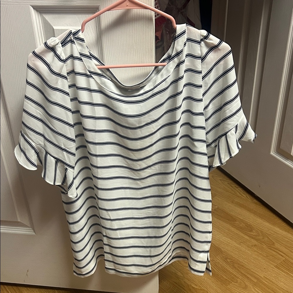 LOFT White Crewneck Short Sleeve Blouse with Navy Stripes